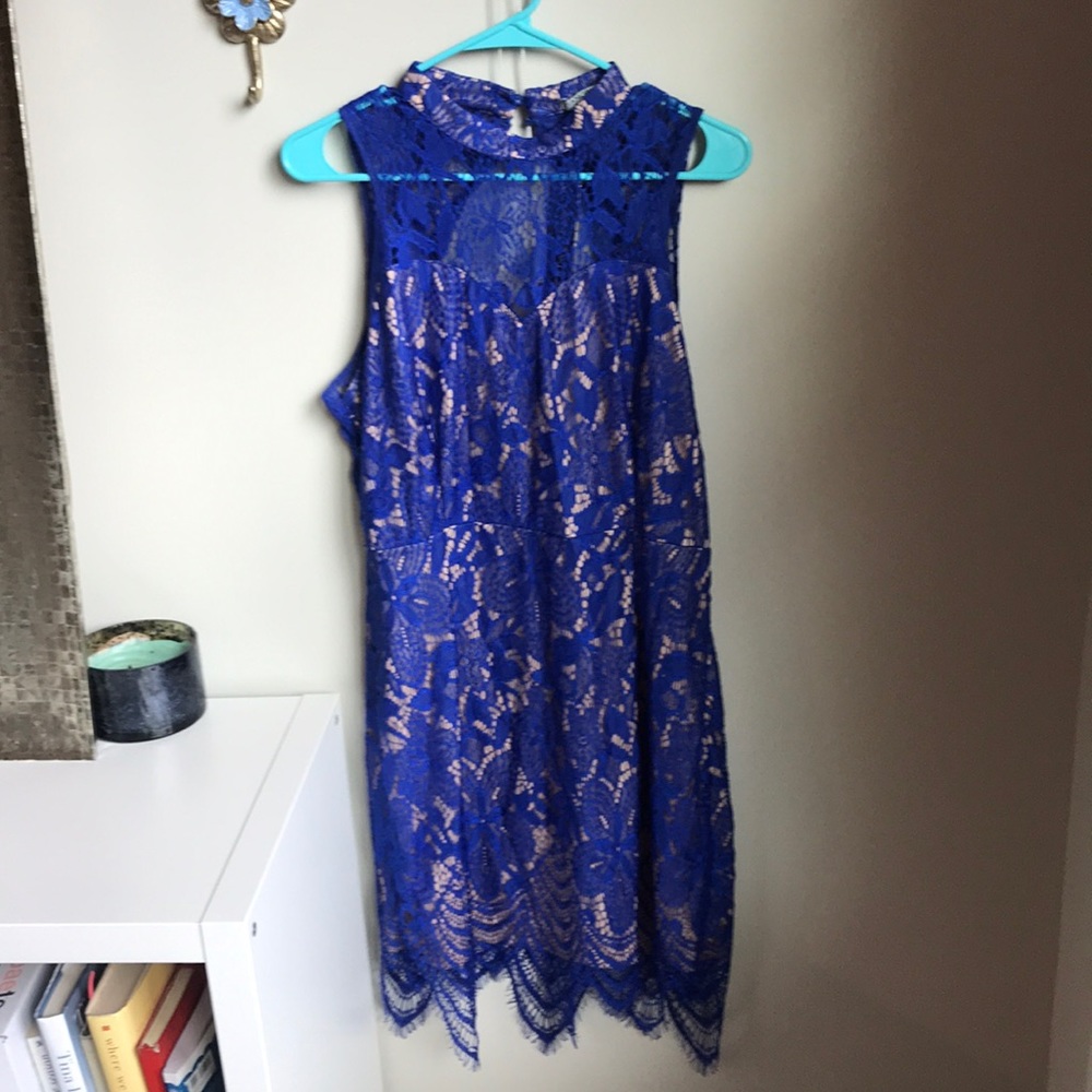 Cobalt blue lace overlay dress with open back